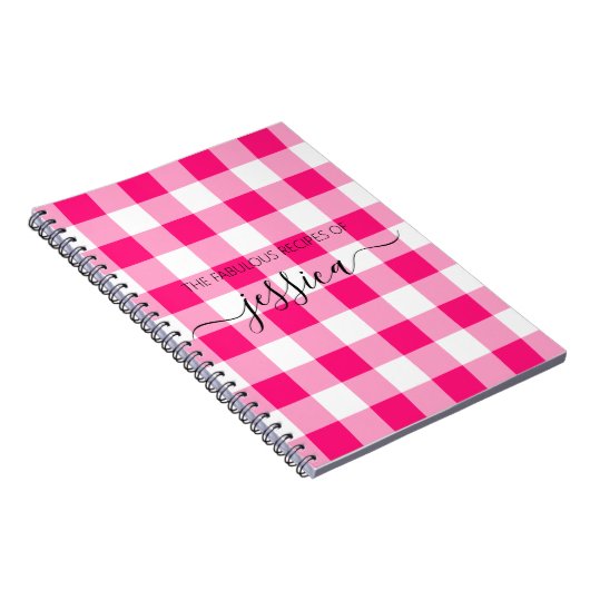 Chic hot roze gingham script naam recept notitieboek (Rechterzijde)