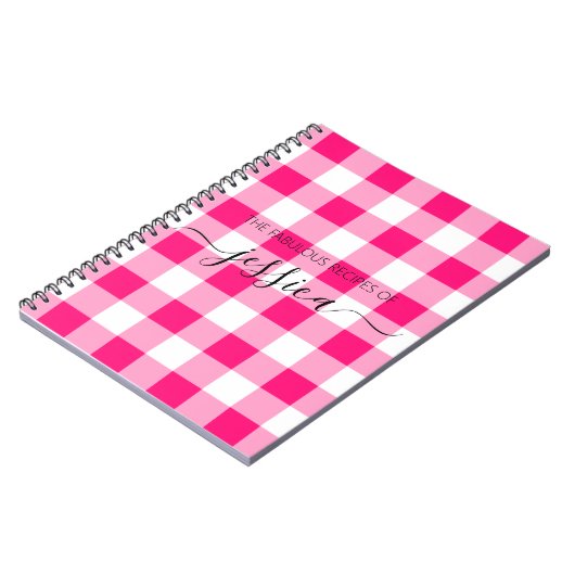 Chic hot roze gingham script naam recept notitieboek (Linkerzijde)
