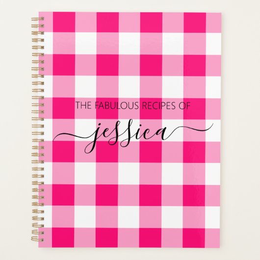 Chic hot roze gingham script naam recept planner (Voorkant)
