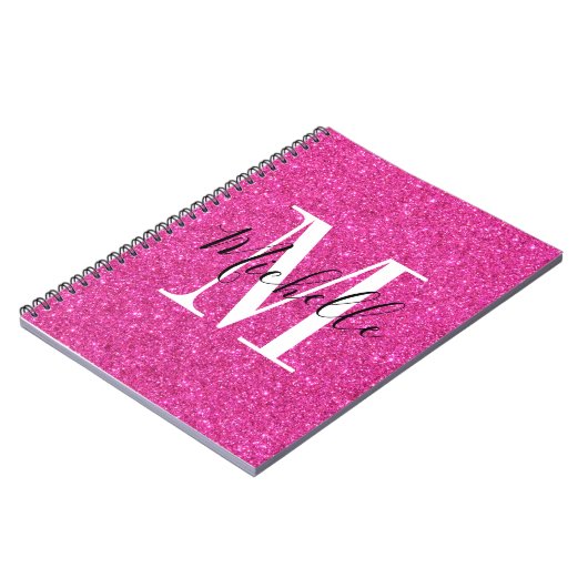 Chic Hot-roze glitter Monogram spiraalvormig Notit Notitieboek (Linkerzijde)
