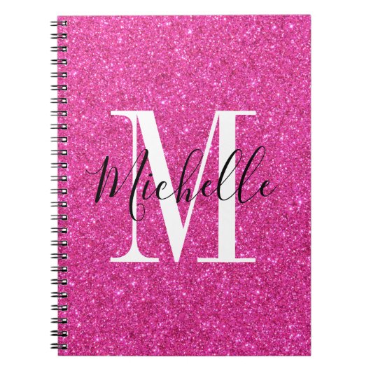 Chic Hot-roze glitter Monogram spiraalvormig Notit Notitieboek (Voorkant)