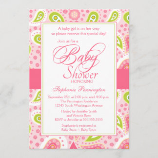 Chic hot roze groene paisley baby shower-uitnodigi kaart
