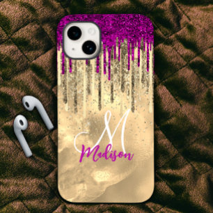 Chic hot roze paarse glitter Gold druppelt monogra Case-Mate iPhone 14 Hoesje