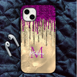 Chic hot roze paarse glitter Gold druppelt monogra iPhone 15 Case