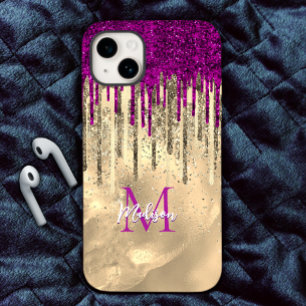 Chic hot roze paarse glitter Gold druppelt monogra iPhone 15 Case