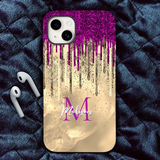 Chic hot roze paarse glitter Gold druppelt monogra Case-Mate iPhone Case