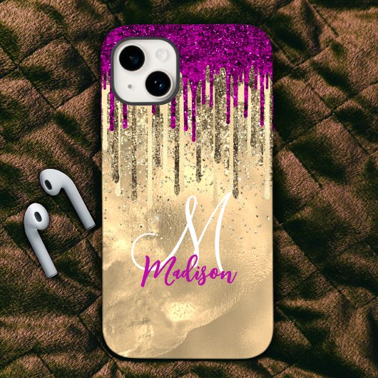 Chic hot roze paarse glitter Gold druppelt monogra Case-Mate iPhone Case