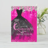 Chic hot roze zilverglitter druppelt Quinceanera o Kaart (Staand voorkant)