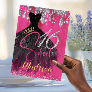 Chic hot roze zilverglitter druppelt zoet 16 kaart