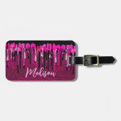 Chic hot roze zwarte glitter druppelt monogram af bagagelabel (Voorkant horizontaal)
