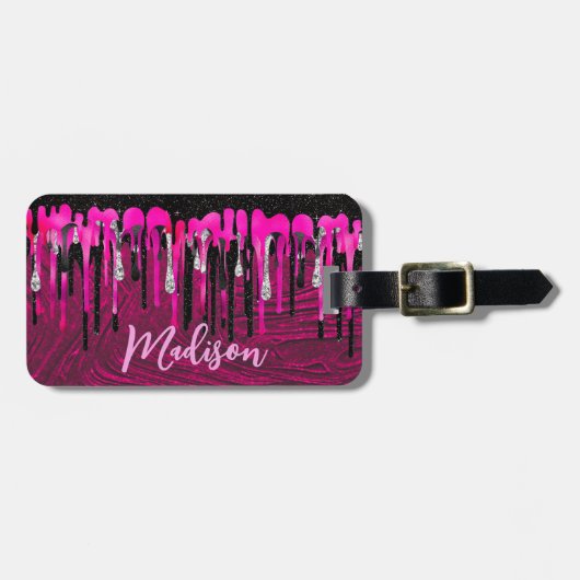Chic hot roze zwarte glitter druppelt monogram af bagagelabel (Voorkant horizontaal)