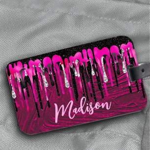 Chic hot roze zwarte glitter druppelt monogram af bagagelabel