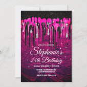 Chic hot roze zwarte glitter druppelt monogram af kaart (Voorkant)