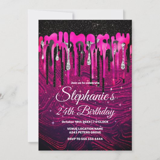 Chic hot roze zwarte glitter druppelt monogram af kaart (Voorkant)