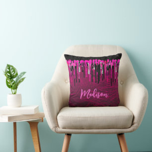 Chic hot roze zwarte glitter druppelt monogram af kussen