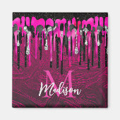 Chic hot roze zwarte glitter druppelt monogram af magneet (Voorkant)