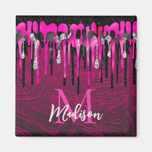 Chic hot roze zwarte glitter druppelt monogram af magneet