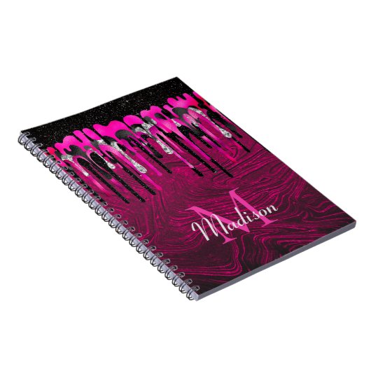 Chic hot roze zwarte glitter druppelt monogram af notitieboek (Rechterzijde)