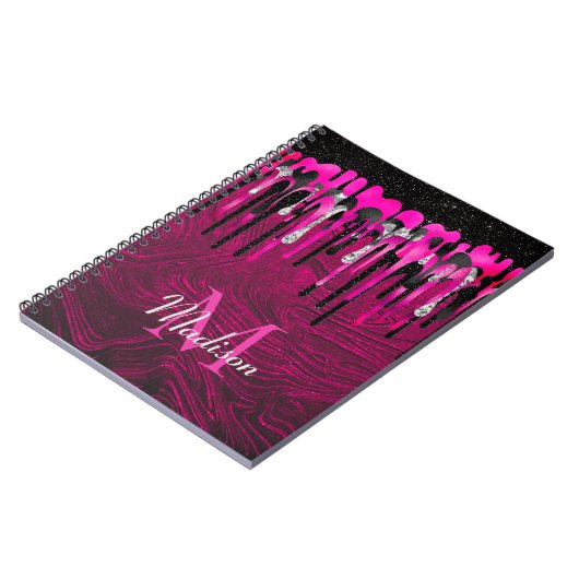 Chic hot roze zwarte glitter druppelt monogram af notitieboek (Linkerzijde)