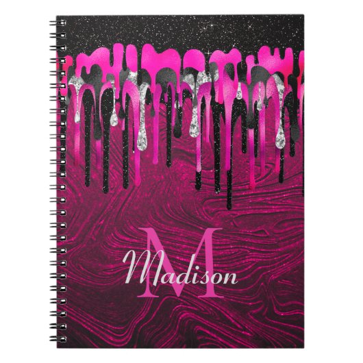 Chic hot roze zwarte glitter druppelt monogram af notitieboek (Voorkant)
