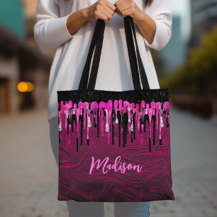 Chic hot roze zwarte glitter druppelt monogram af tote bag