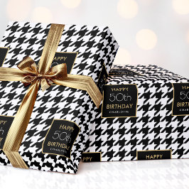 Chic Houndstooth Patroon Verjaardag 50ste Zwart Wi Cadeaupapier