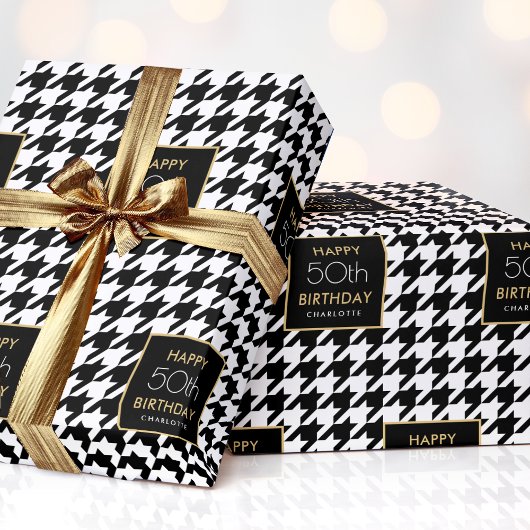 Chic Houndstooth Patroon Verjaardag 50ste Zwart Wi Cadeaupapier