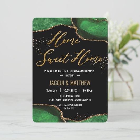 Chic Housewarming Party Emerald Green Agate Marble Kaart (Staand voorkant)