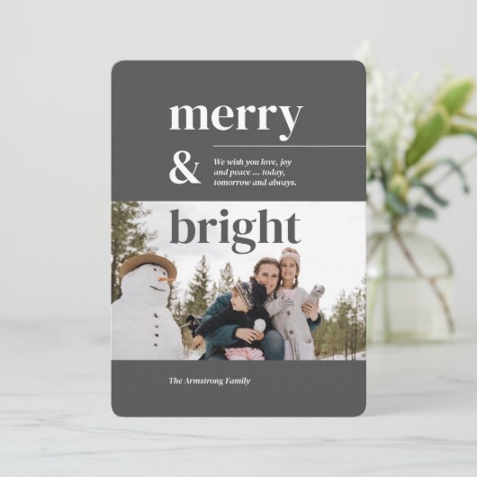 Chic houtskool moderne foto vrolijk helder feestdagenkaart (Staand voorkant)