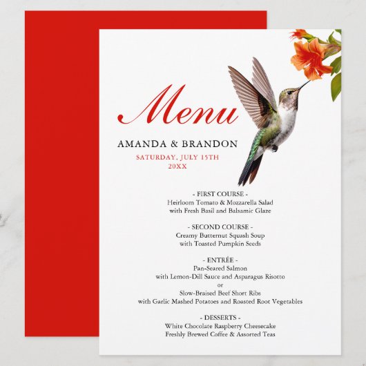 Chic Hummingbird en Oranje Flower Wedding Menu (Voorkant / Achterkant)