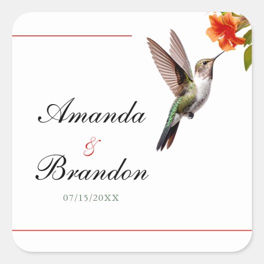 Chic Hummingbird en Oranje Flower Wedding Vierkante Sticker (Voorkant)
