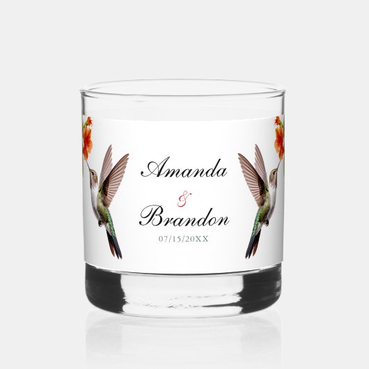 Chic Hummingbird en Oranje Flower Wedding Whisky Glas (Voorkant)
