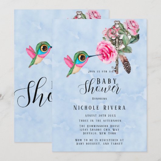 Chic Hummingbird Floral Key Baby Boy Shower Kaart (Voorkant / Achterkant)