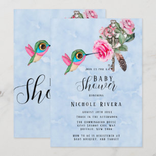Chic Hummingbird Floral Key Baby Boy Shower Kaart