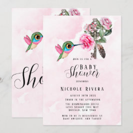 Chic Hummingbird Floral Key Baby Girl Shower Kaart