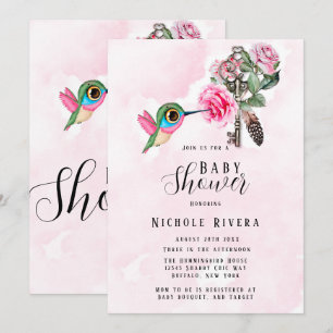 Chic Hummingbird Floral Key Baby Girl Shower Kaart