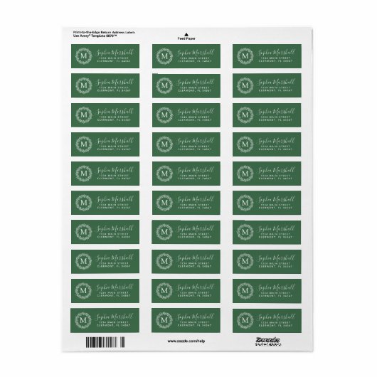 Chic Hunter Green Monogram Return Address Label (Full Sheet)
