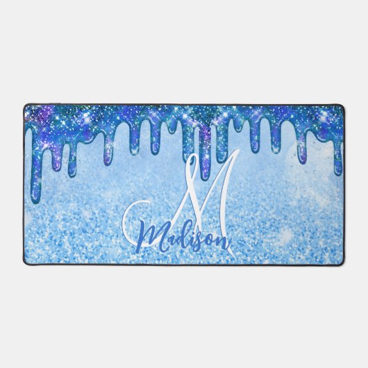 Chic ice blue ombre glitter druppelt monogram note bureaumat (Voorkant)
