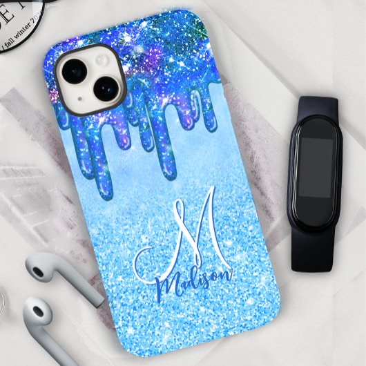 Chic ice blue ombre glitter druppelt monogram note Case-Mate iPhone case