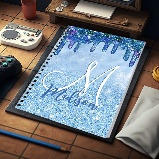 Chic ice blue ombre glitter druppelt monogram note notitieboek