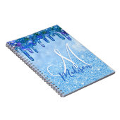 Chic ice blue ombre glitter druppelt monogram note notitieboek (Rechterzijde)
