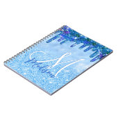 Chic ice blue ombre glitter druppelt monogram note notitieboek (Linkerzijde)