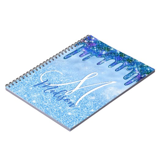 Chic ice blue ombre glitter druppelt monogram note notitieboek (Linkerzijde)
