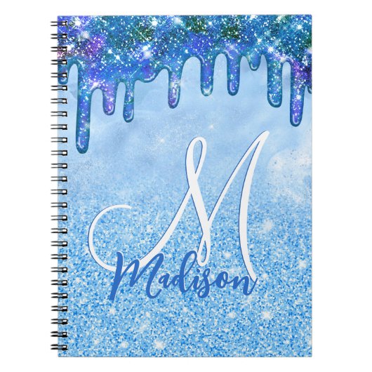 Chic ice blue ombre glitter druppelt monogram note notitieboek (Voorkant)