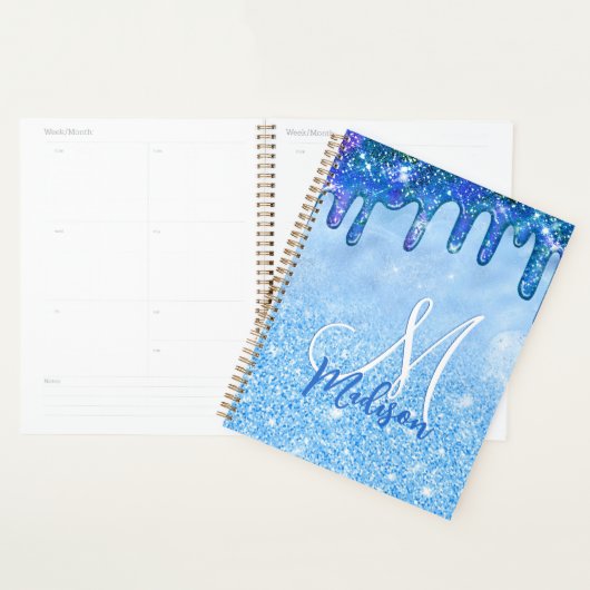 Chic ice blue ombre glitter druppelt monogram note planner (Display)