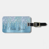 Chic-ijsblauw aqua dripping glitter monogram bagagelabel (Voorkant horizontaal)