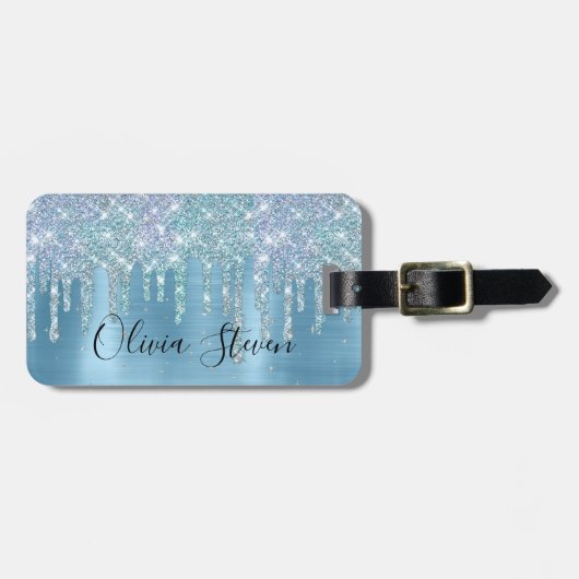 Chic-ijsblauw aqua dripping glitter monogram bagagelabel (Voorkant horizontaal)