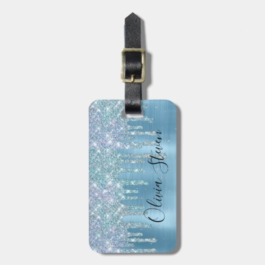 Chic-ijsblauw aqua dripping glitter monogram bagagelabel (Voorkant verticaal)