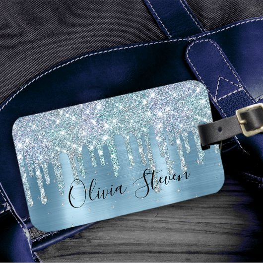 Chic-ijsblauw aqua dripping glitter monogram bagagelabel