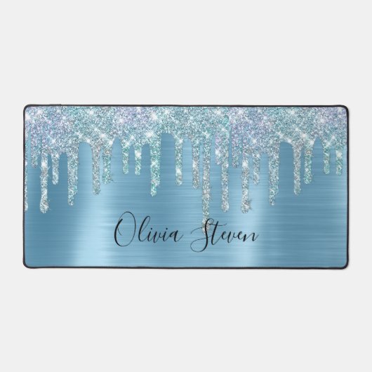 Chic-ijsblauw aqua dripping glitter monogram bureaumat (Voorkant)